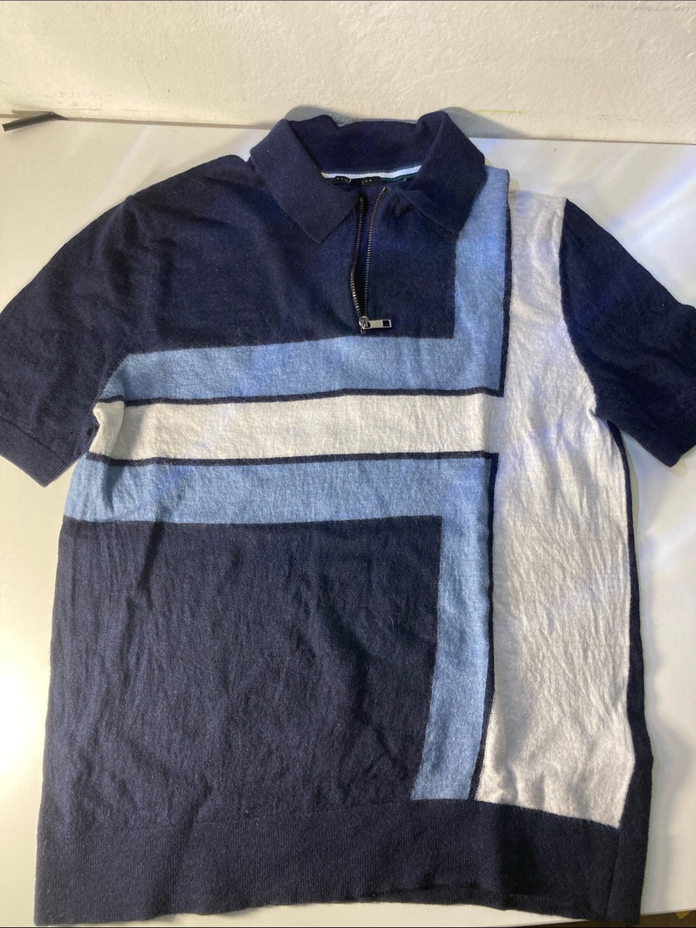 Ted Baker Navy, Light Blue & White Short-Sleeve Zip Polo Sweater